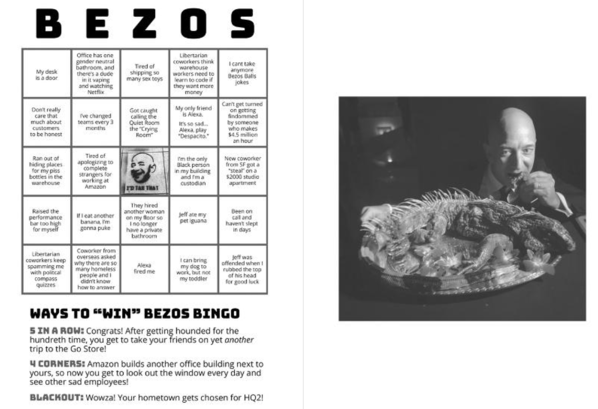 A page from the first issue of Bug Report, featuring 'Bezos Bingo'
